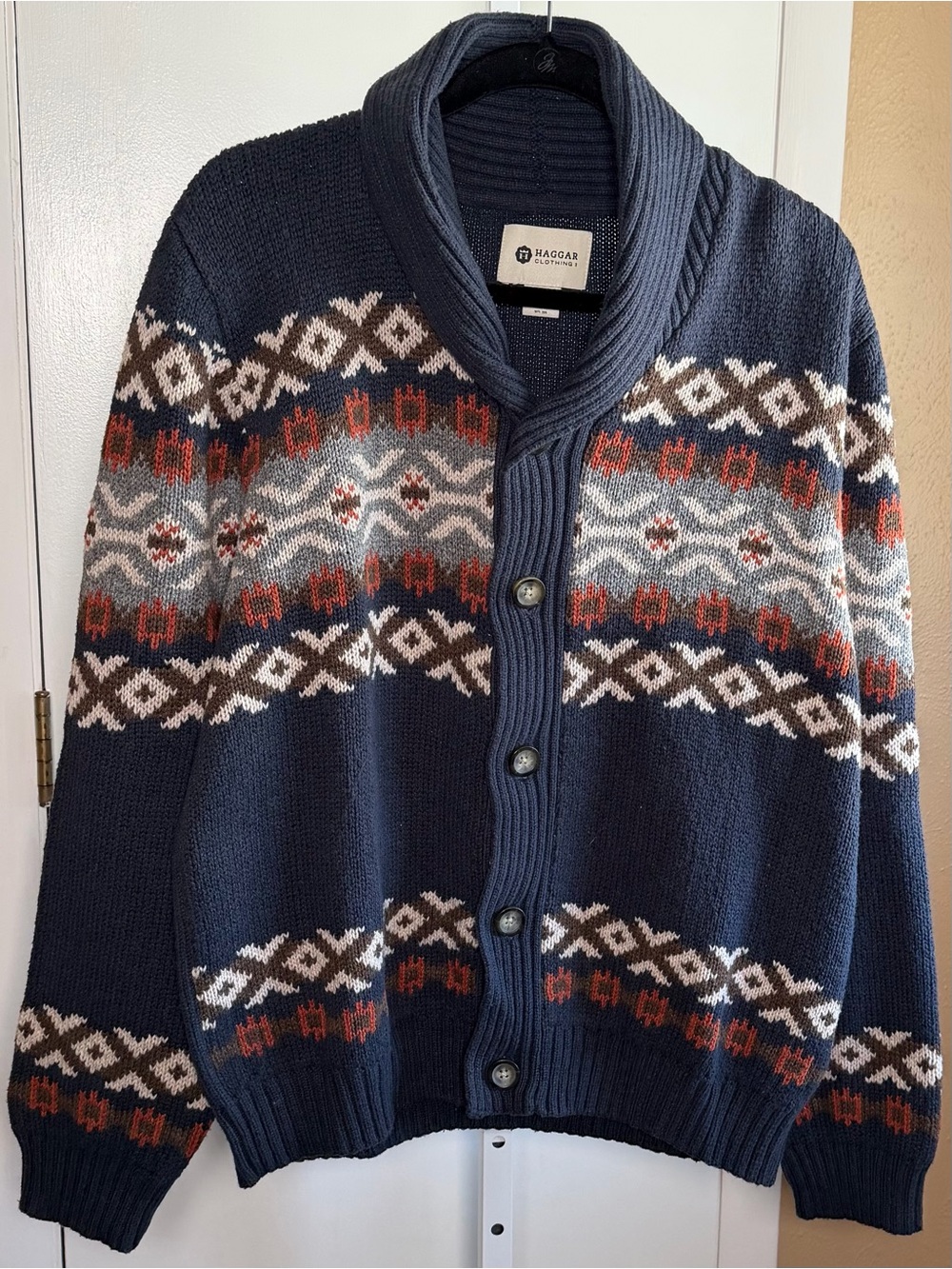 Haggar XL Shawl Collar Fair Isle Southwestern Cotton Cardigan Sweater